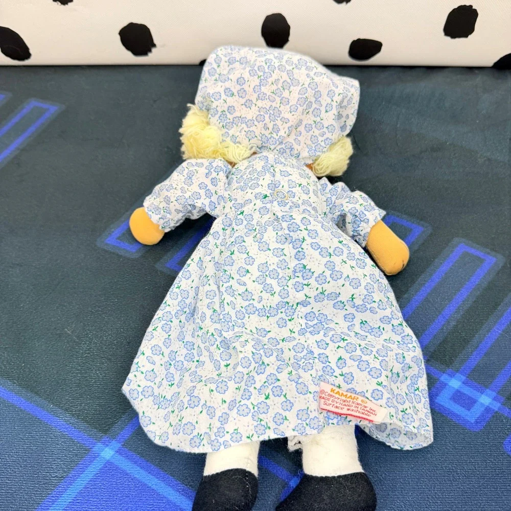 Vintage Kamar Inc Cloth Rag Doll Calico Blue Calico Dress Bonnet Blonde Yarn 13